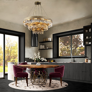 APIS Dining Table, NAICCA Chandelier and NUKA Armchair